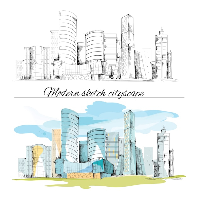 Modern urban sketch building hand drawn cityscape set vector illustration