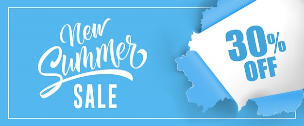 New summer sale Thirty percent off lettering. Blue background with ripped round hole