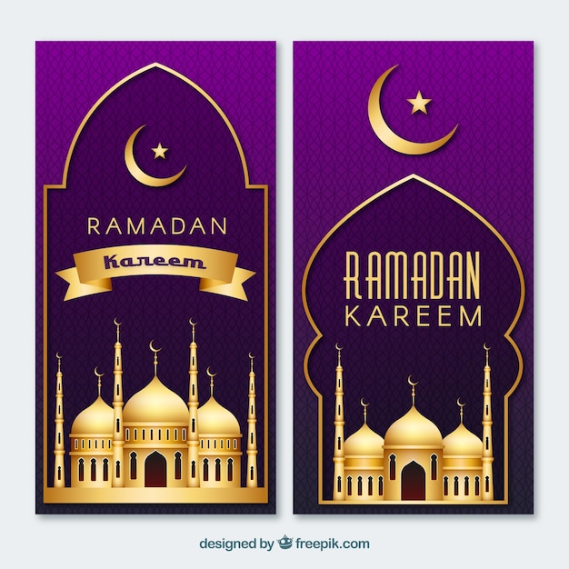 Pack of ramadan banners with golden mosques