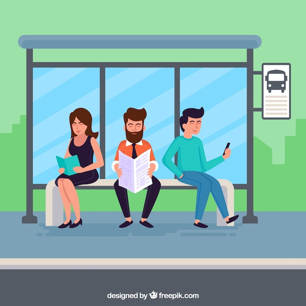 People waiting for the bus with flat design
