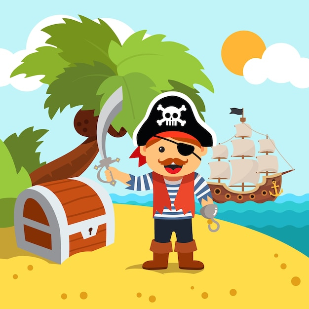 Pirate captain on island shore with treasure chest