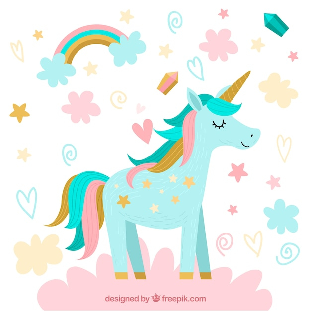 Pretty unicorn background with clouds and stars