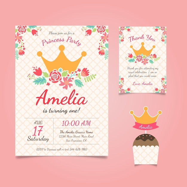 Princess birthday invitation with flowers