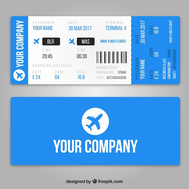 Realistic boarding pass template with blue airplanes