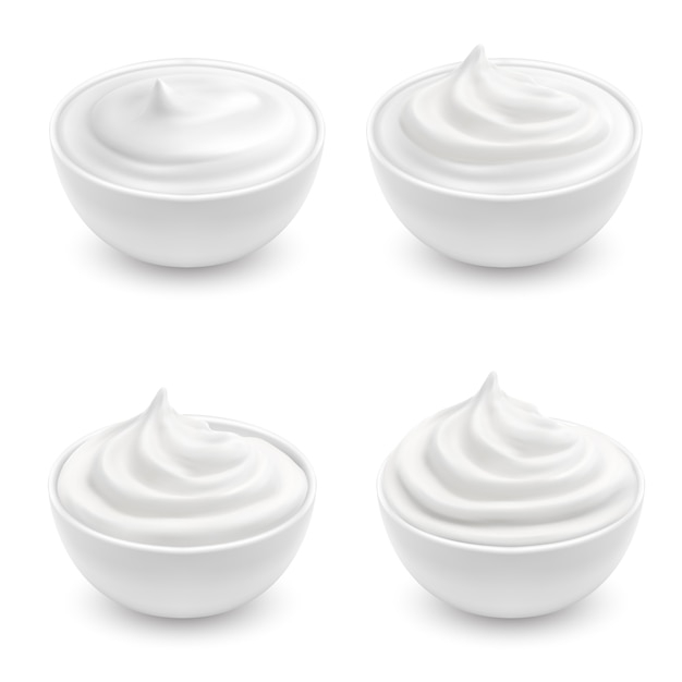 realistic set of white bowls with sour cream, mayonnaise, yogurt, sweet dessert