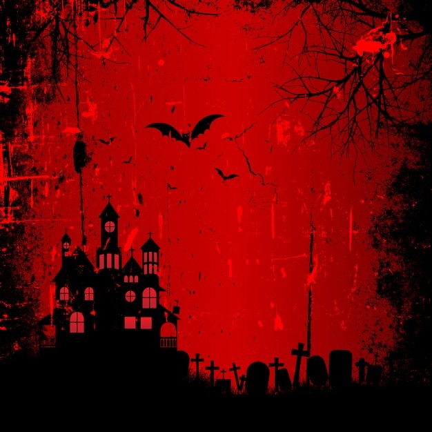 Red background with a haunted house for halloween
