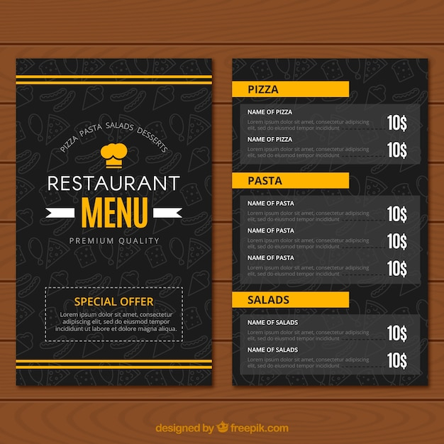 Restaurant menu, black and yellow colors