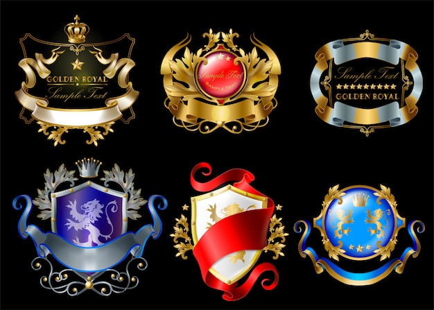 Royal stickers with crowns, shields, ribbons, lions, stars isolated on black background