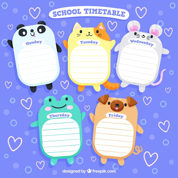 School timetable design with cute animals