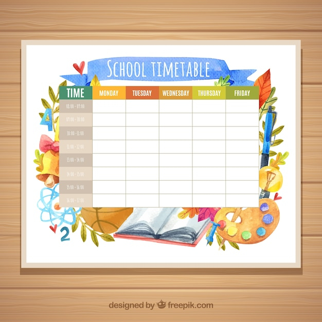 School timetable template with watercolor materials