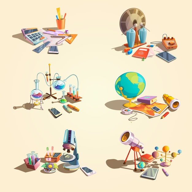 Science retro concept set with cartoon education objects