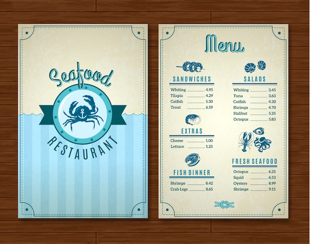 Seafood restaurant menu template with ocean symbols 