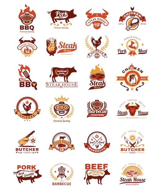 Set grill and barbecue badges, stickers, emblems