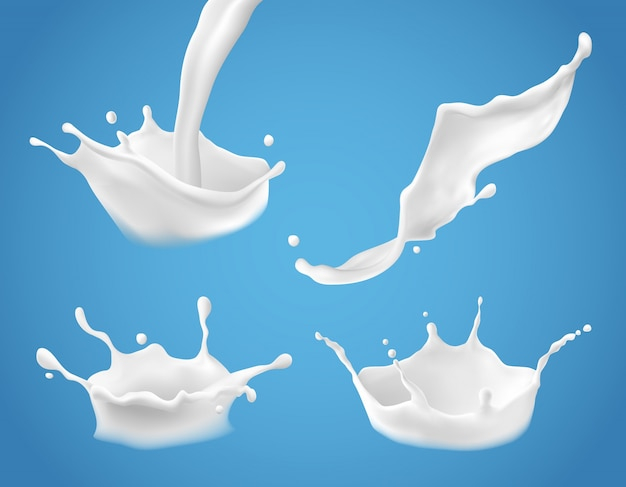 Set of 3D vector milk splash and pouring, realistic natural dairy products, yogurt or cream