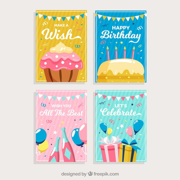 Set of birthday cards with colorful party elements