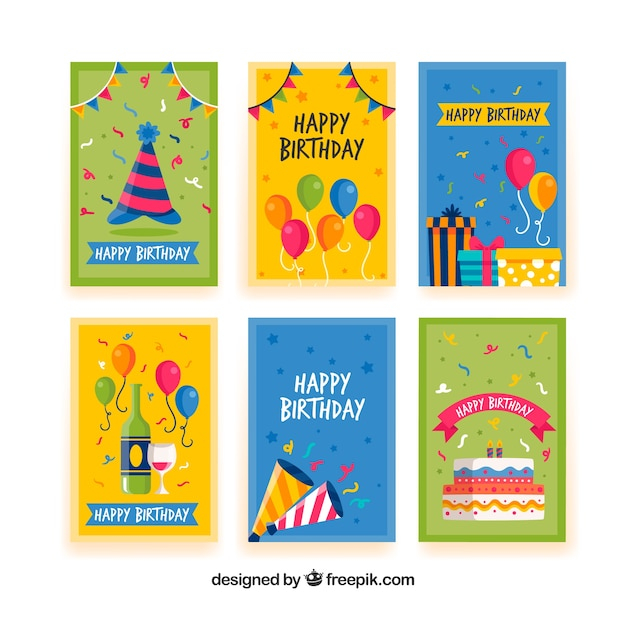 Set of happy birthday cards in flat style