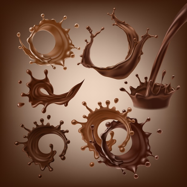 Set of vector 3D illustrations, splashes and drops of melted dark and milk chocolate, hot coffee, cocoa