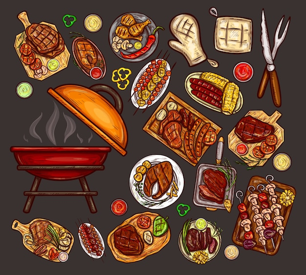 Set of vector illustrations, elements for barbecue