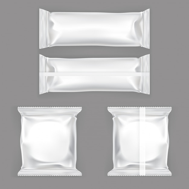 Set of vector illustrations of white plastic packing for snacks