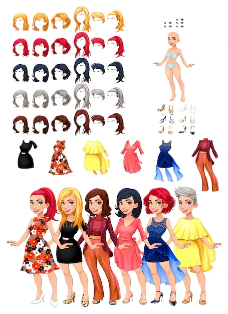 Six woman characters with different dresses and hairstyles