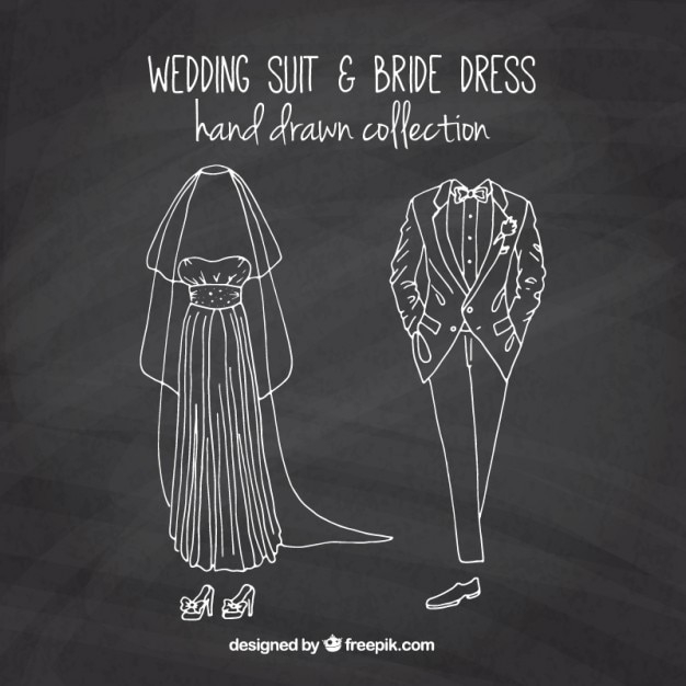 Sketches bride dress and wedding suit in blackboard effect