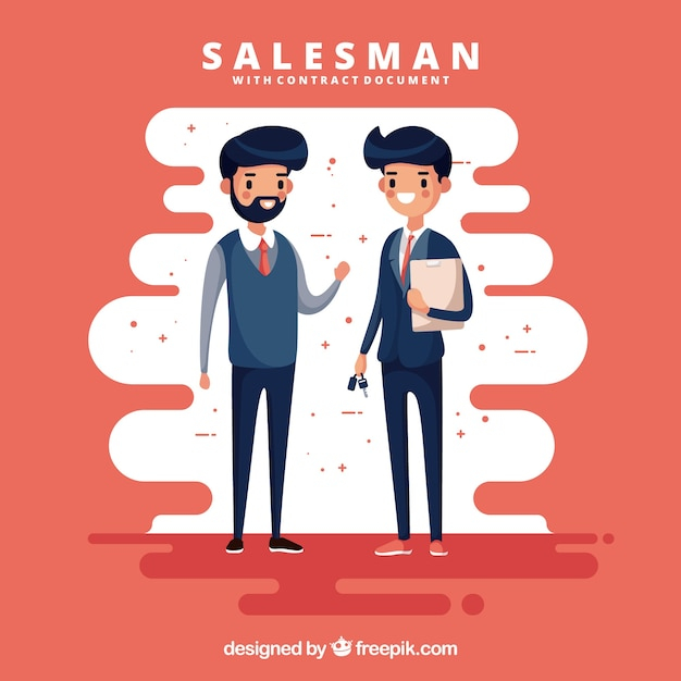 Smiley salesman character holding contract