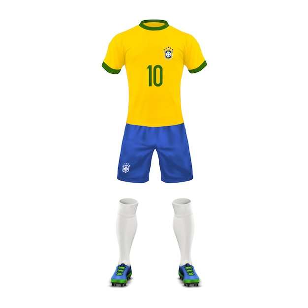 Soccer uniform of a Brazil team, set of sports wear, shirt, shorts, socks and boots
