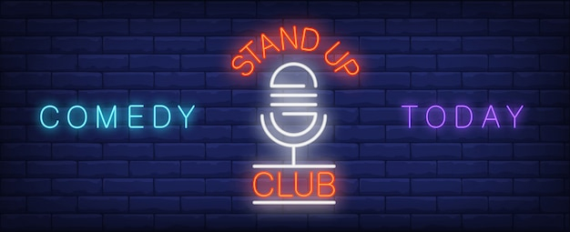 Stand up club neon sign. Retro microphone on stand for comedy show today.