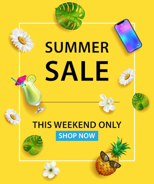 Summer Sale This Weekend Only Shop Now lettering. Smartphone, cocktail, pineapple