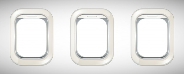 Three airplane windows with screen open