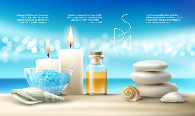 Vector illustration for spa treatments with aromatic salt , massage oil, candles.