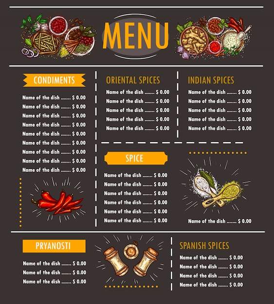 Vector illustration of a menu with a special offer of various herbs, spices, seasonings and condiments