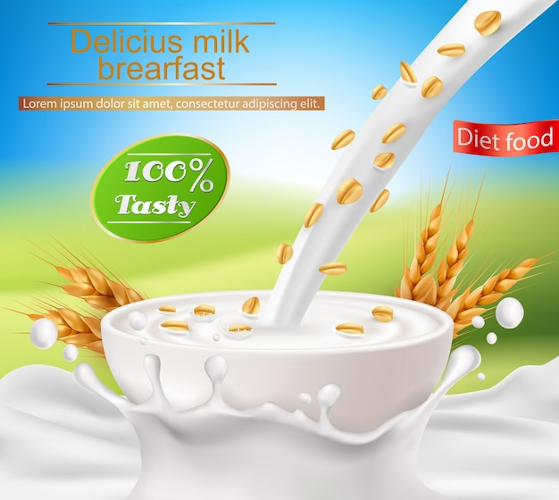 Vector realistic poster with a milk splash and milk pouring into a cup with a cereal breakfast