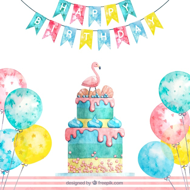 Watercolor birthday cake composition