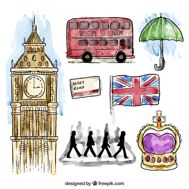 watercolor,crown,road,bus,umbrella,elements,london,royal,queen,england,uk,union,collection,big ben,kingdom,beatles,union jack,big,united kingdom,united