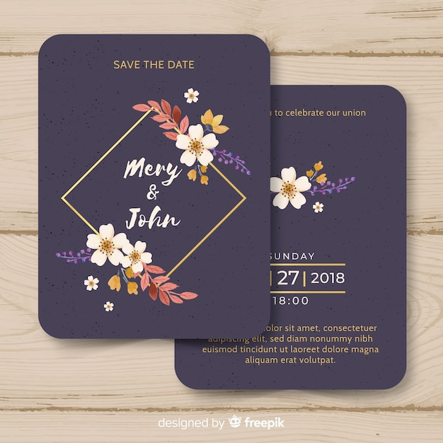 Watercolor wedding invitation template with golden lines