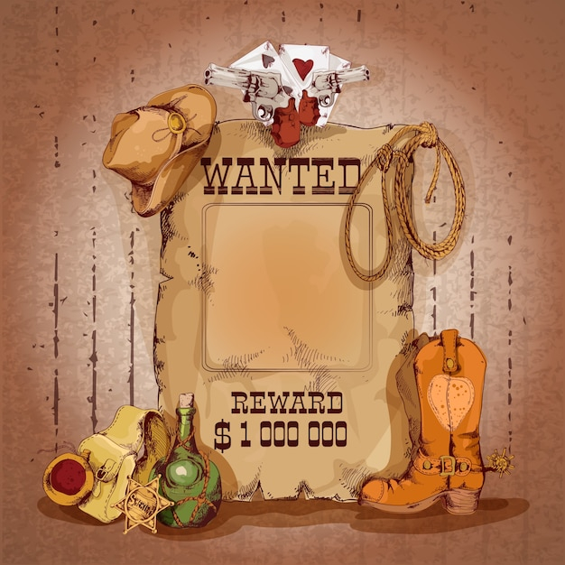 Wild west wanted man for reward poster with cowboy elements vector illustration