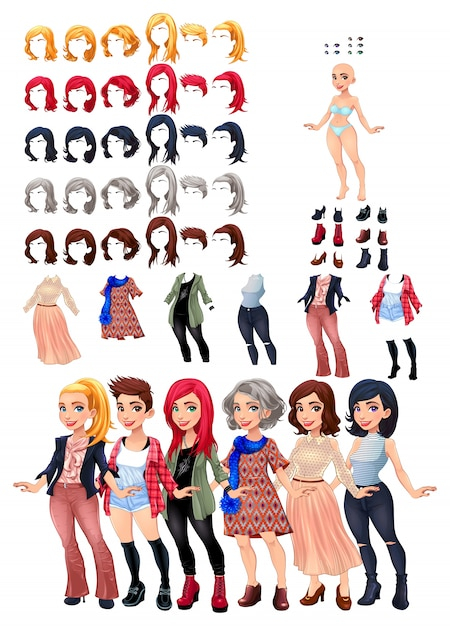 Woman characters with different dresses and hairstyles