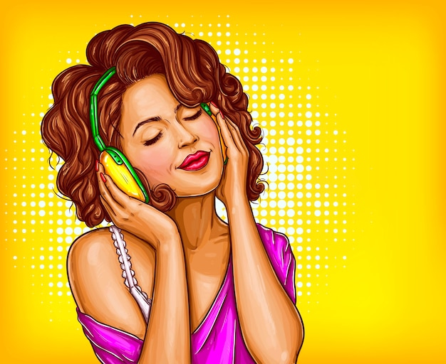 Woman listening music in headphones pop art vector
