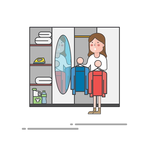 Woman trying on clothes in front of the mirror vector