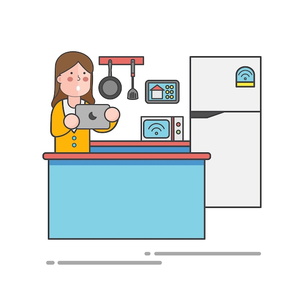 Woman using her tablet in the kitchen vector
