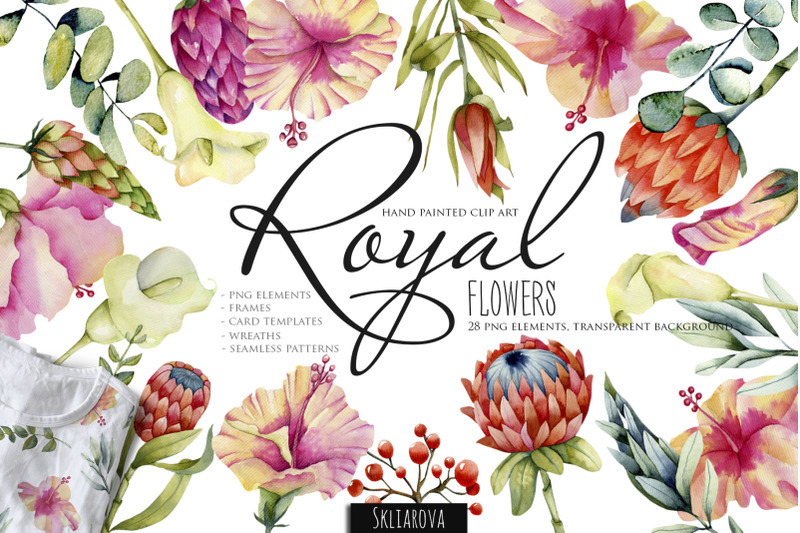 FREE Royal Flowers Watercolor Clipart By TheHungryJPEG | TheHungryJPEG.com