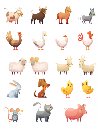 Farm animals cartoon icons set of hen gobbler cow horse ram cat bunny isolated vector illustration Free Vector