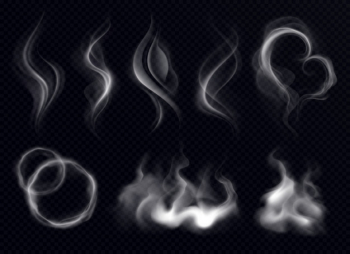 Steam smoke with ring and swirl shape realistic set white on dark transparent background isolated Free Vector