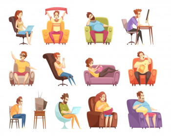 Sedentary lifestyle set of retro cartoon icons Free Vector