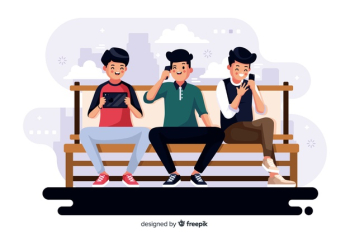 Colourful illustration of people looking at their phones Free Vector