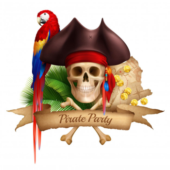 Pirate party realistic composition with old map colorful parrot and hat worn on skull realistic Free Vector