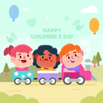 Children's day with kids playing outside in a toy train Free Vector