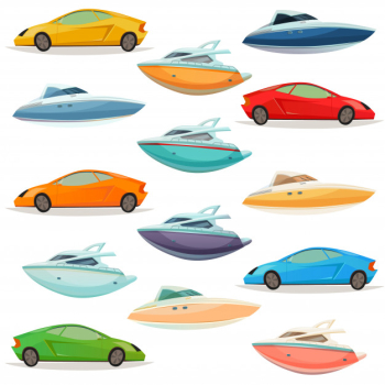 Cars yachts boats cartoon set Free Vector