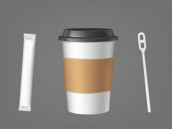 Disposable coffee cup with stick and sugar set Free Vector